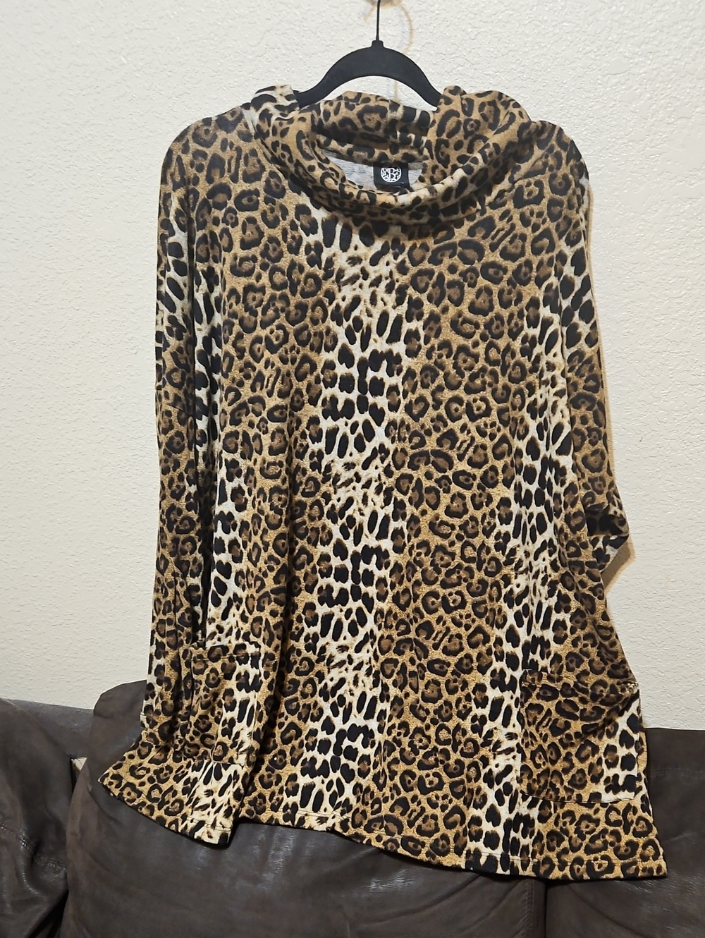 bobeau Leopard Cowl Neck Sweater - Brown, Black & Cream With Front Pockets.